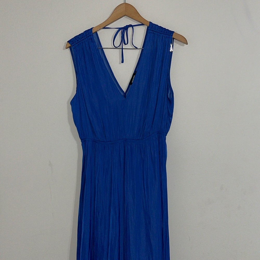 monoprix women’s flowy deep v-neck  sleeveless blue midi dress medium - Picture 3 of 9